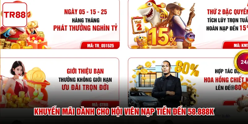 Khuyến mãi dành cho hội viên nạp tiền đến 58.888K